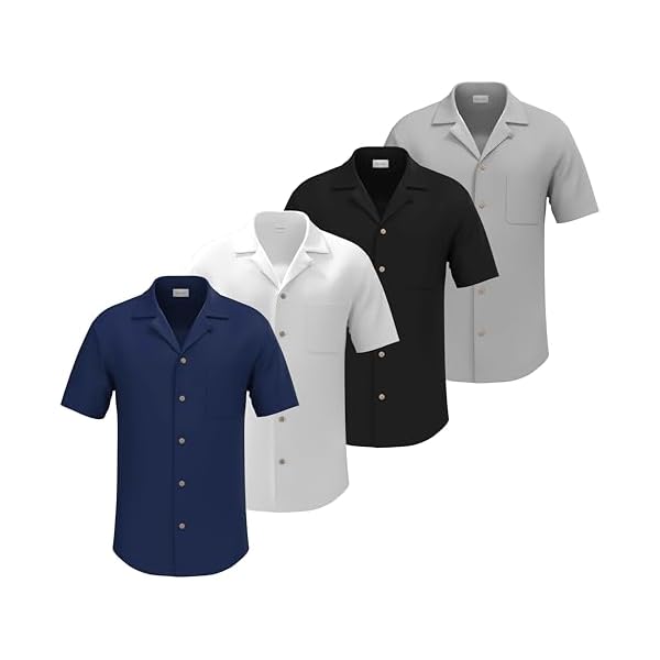 4 Pack - Mens Short Sleeve Button Down Cuban Collar Shirts – Wrinkle Free, Muscle Fit, Stylish Casual