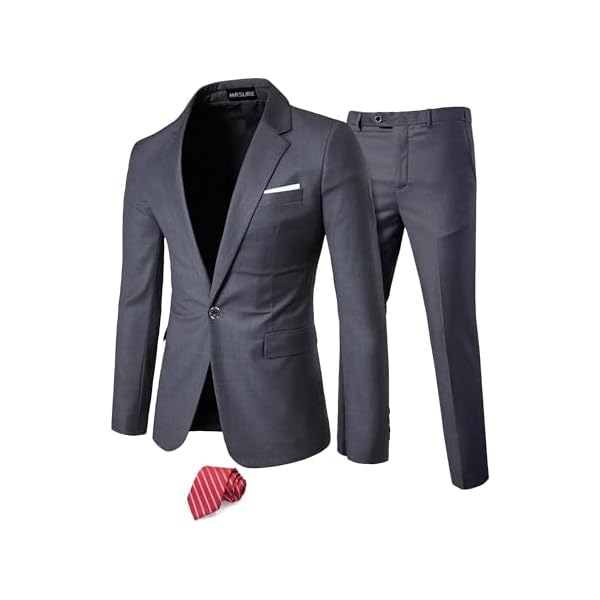 Men's 2 Piece Slim Fit Suit with Stretch Fabric, One Button Solid Jacket Pants & Tie Set